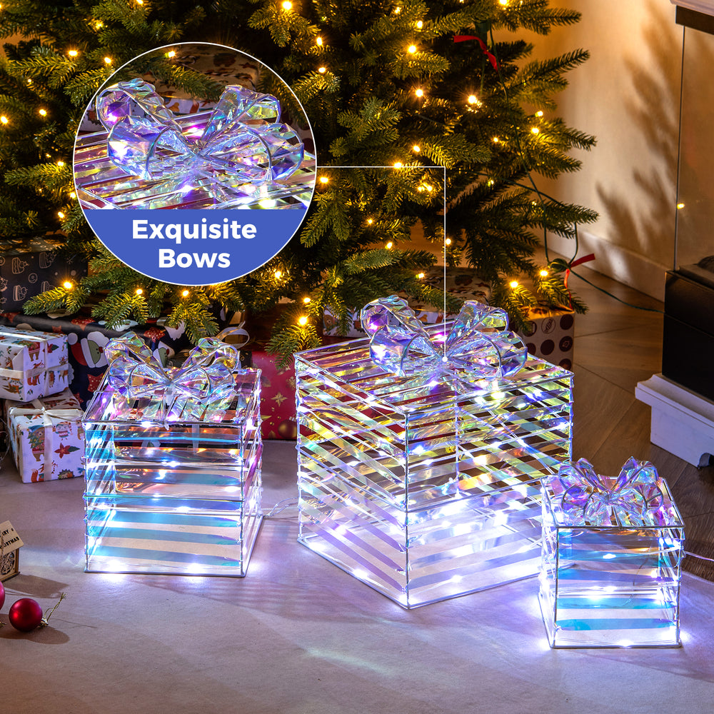 Set of 3 lighted Christmas gift boxes with exquisite bows, featuring 90 LED lights for festive indoor or outdoor decor.