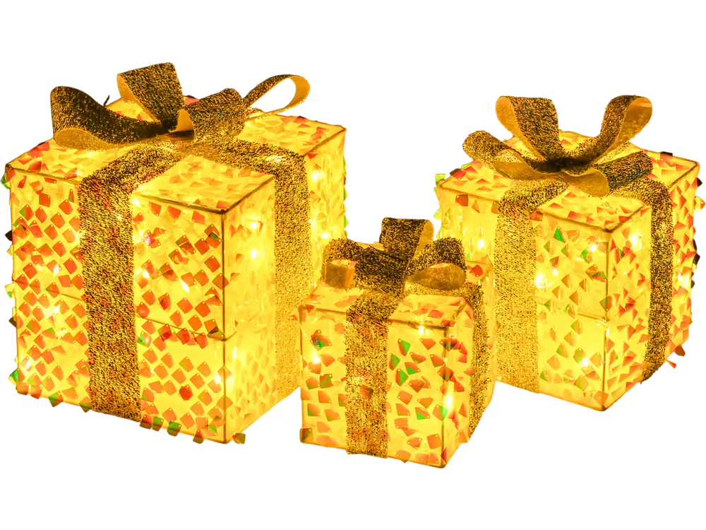 Set of 3 Christmas Lighted Gift Boxes with Pre-lit 90 LED Light and Bows