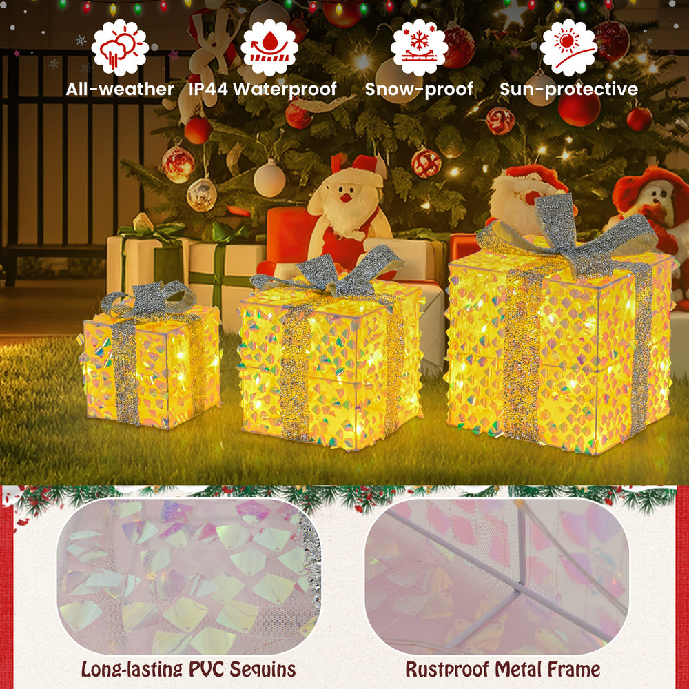 Set of 3 Christmas lighted gift boxes with 90 LED lights, waterproof sequins, and festive bows for holiday decoration.