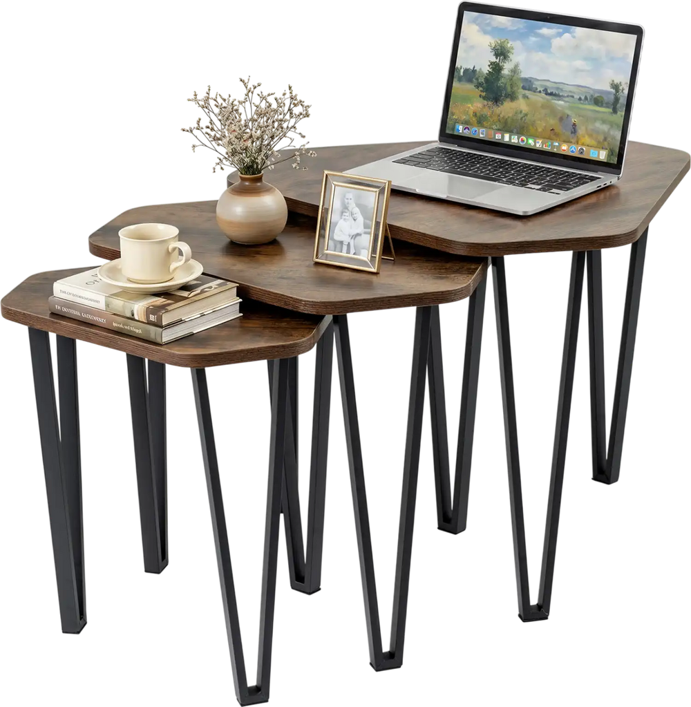 Single nesting coffee table from the set features a rustic brown engineered wood top and a sturdy metal frame for versatile use.