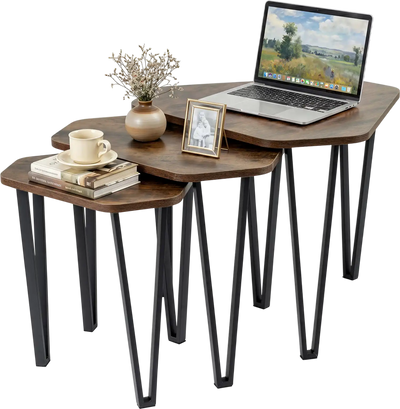 Costway Set of 3 Nesting Coffee Tables Engineered Wood Top Metal Frame 57672210 New
