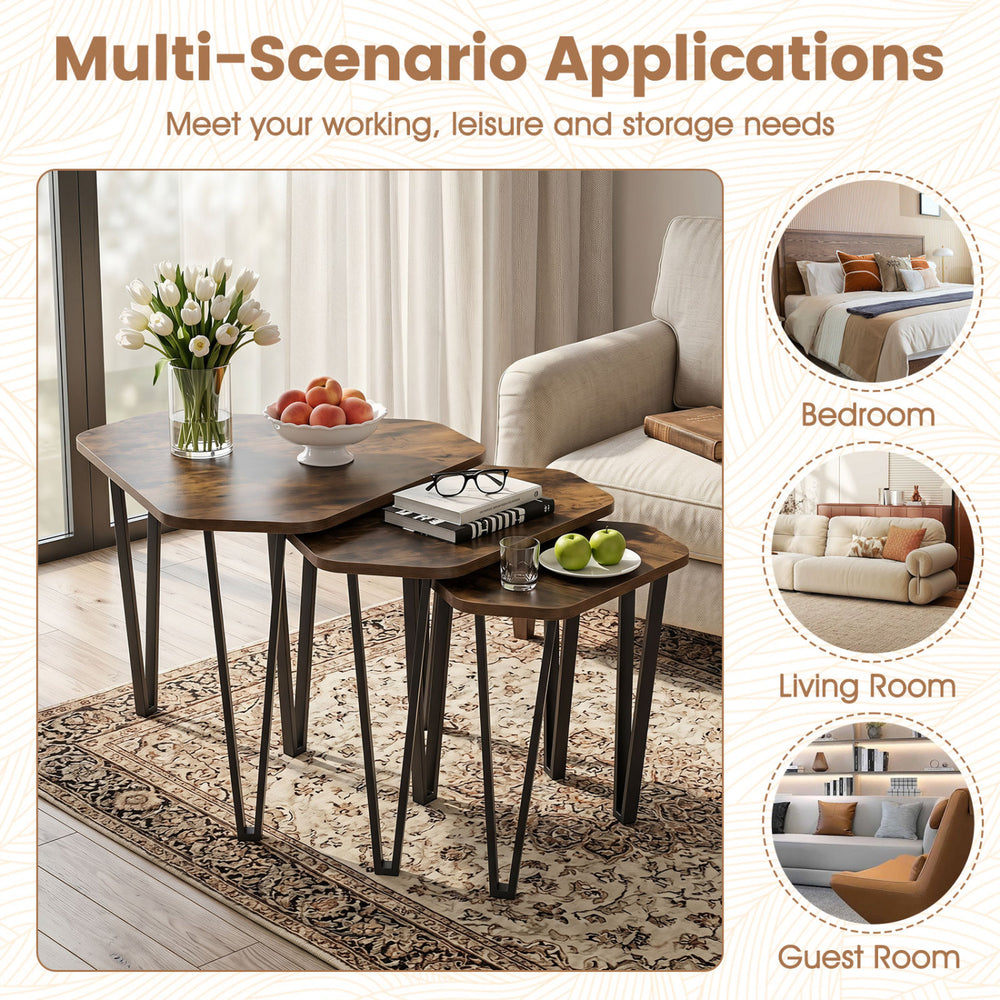 Set of 3 nesting coffee tables with engineered wood top and metal frame in rustic brown for versatile living room use.