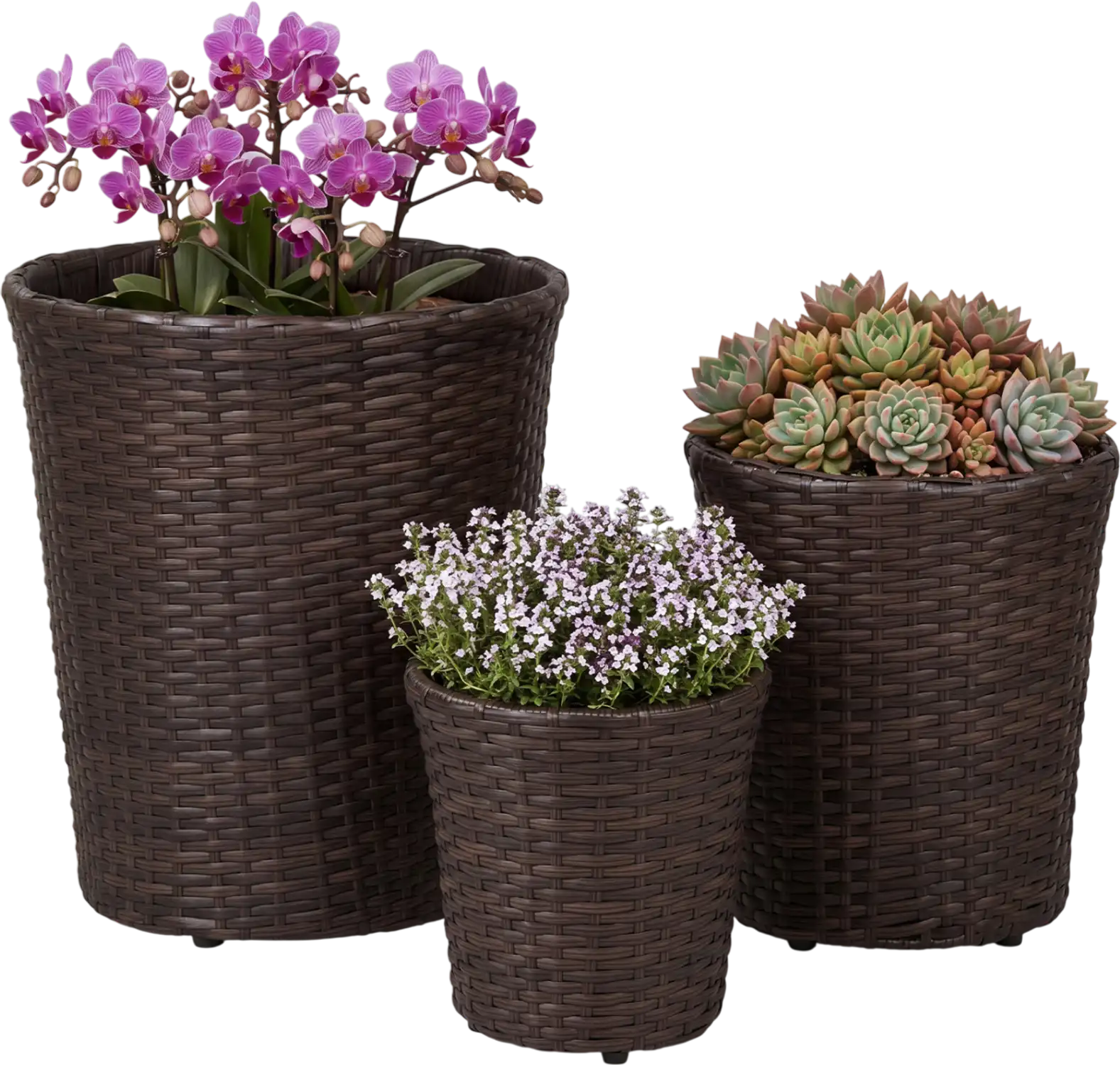 Costway Set of 3 Plastic Rattan Planters w/ Drainage Holes & Saucers 10186625 New