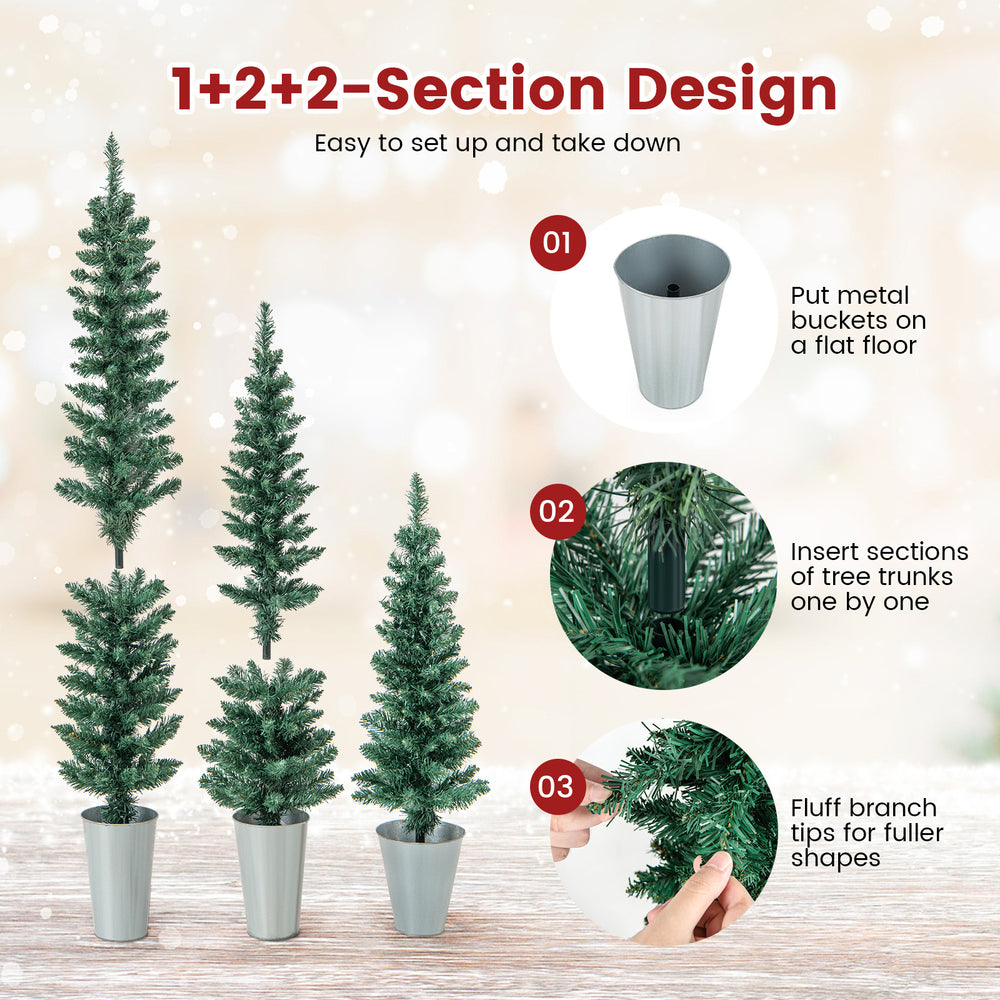 Set of 3 potted artificial Christmas trees in silver metal buckets, featuring a 1+2+2-section design for easy setup.