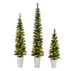 Set of 3 pre-lit artificial Christmas trees with 230 warm white LED lights, ideal for festive home or office decoration.