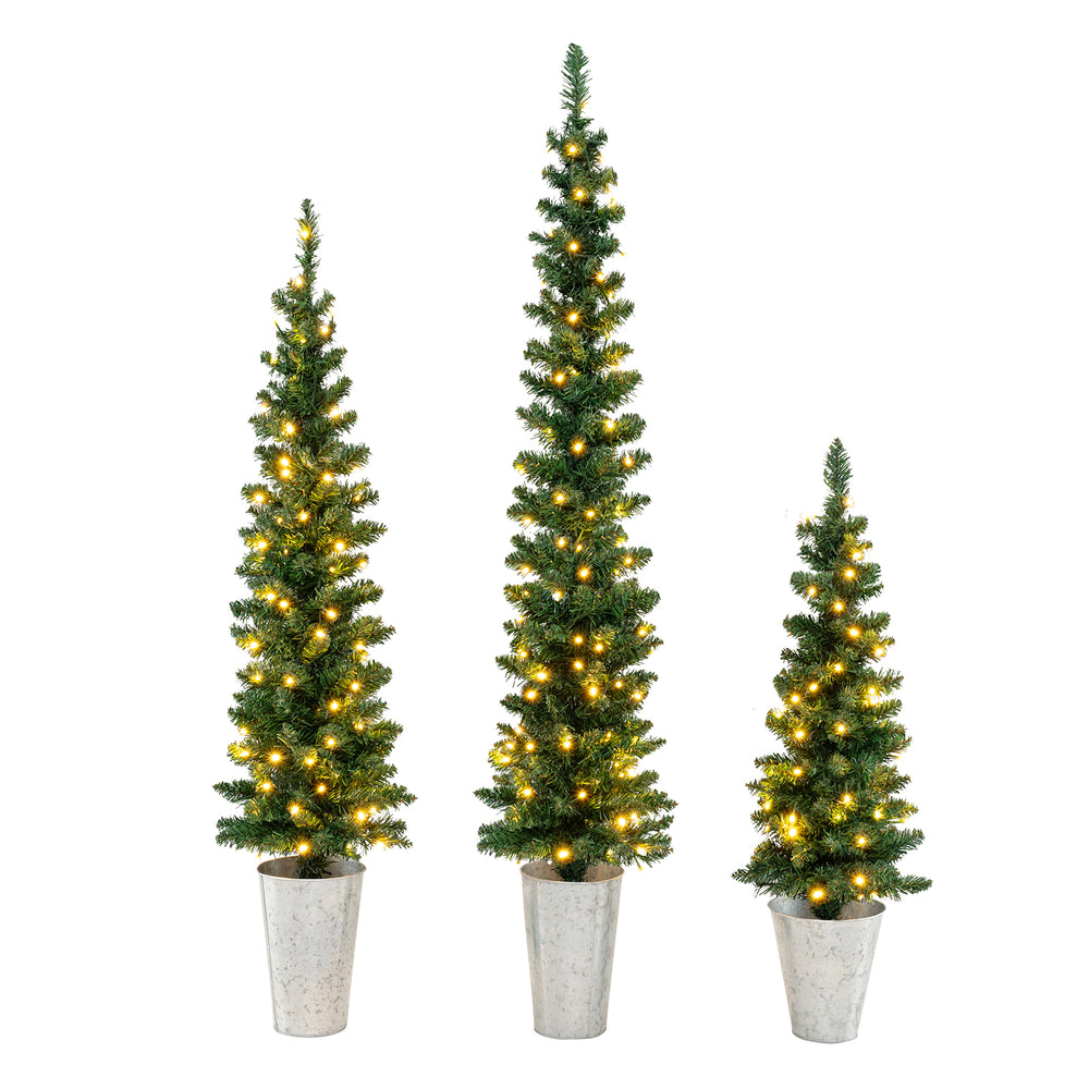 Set of 3 pre-lit artificial Christmas trees with 230 warm white LED lights, ideal for festive home or office decoration.