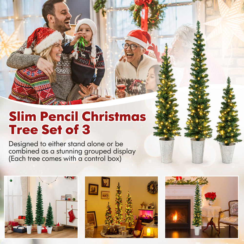 Set of 3 pre-lit artificial Christmas trees with warm white LED lights, ideal for festive home or office decoration.