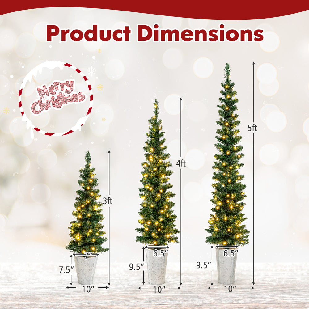 Dimensions of a set of 3 pre-lit artificial Christmas trees with 230 warm white LED lights for versatile holiday decor.