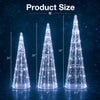 Three pre-lit Christmas cone trees in cold white, measuring 24", 28", and 32", designed for festive outdoor decoration.