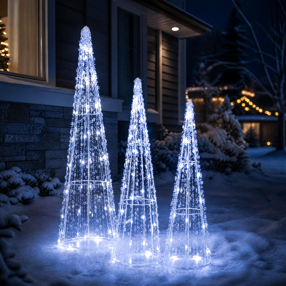Three pre-lit Christmas cone trees in cold white, featuring star strings, perfect for festive outdoor decoration.