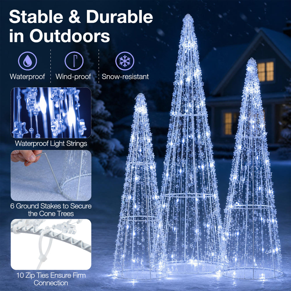 Set of 3 pre-lit Christmas cone trees with star strings, waterproof and snow-resistant for outdoor holiday decor.