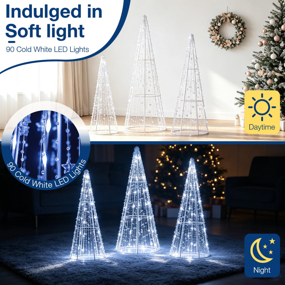 Set of 3 pre-lit Christmas cone trees with cold white LED lights, featuring star strings for festive decoration.