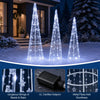 Set of 3 pre-lit Christmas cone trees with star strings, featuring waterproof design and sturdy metal pipes for outdoor use.