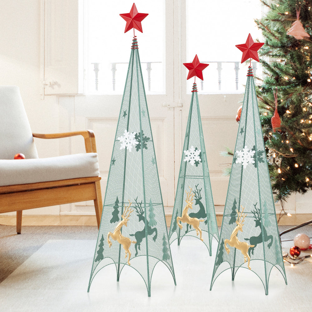 Set of 3 tower-shaped Christmas trees in green metal, featuring removable star toppers and festive reindeer designs.