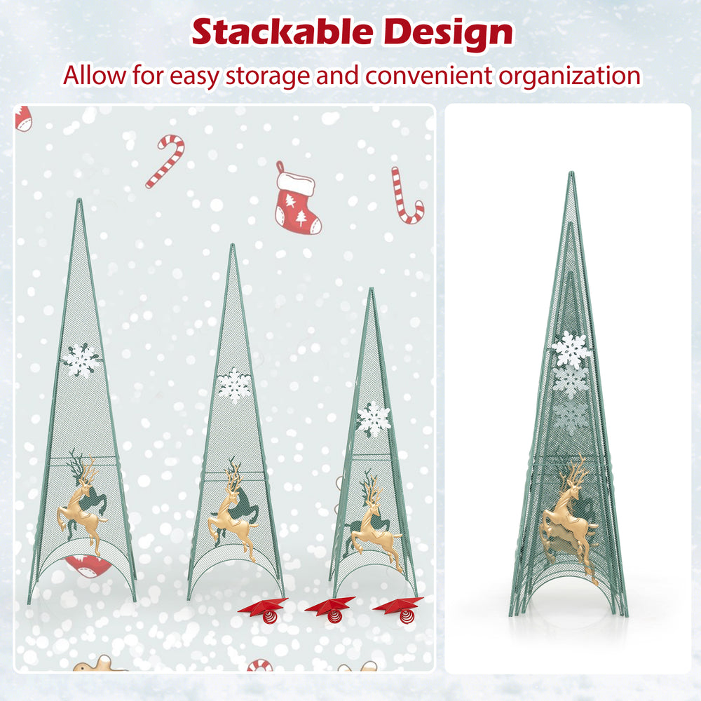 Tower-shaped Christmas trees in 3ft, 3.5ft, and 4ft sizes with removable star toppers, featuring festive patterns for.