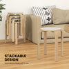 Set of 4 stackable bentwood dining chairs with round white tops, ideal for space-saving in home or office settings.
