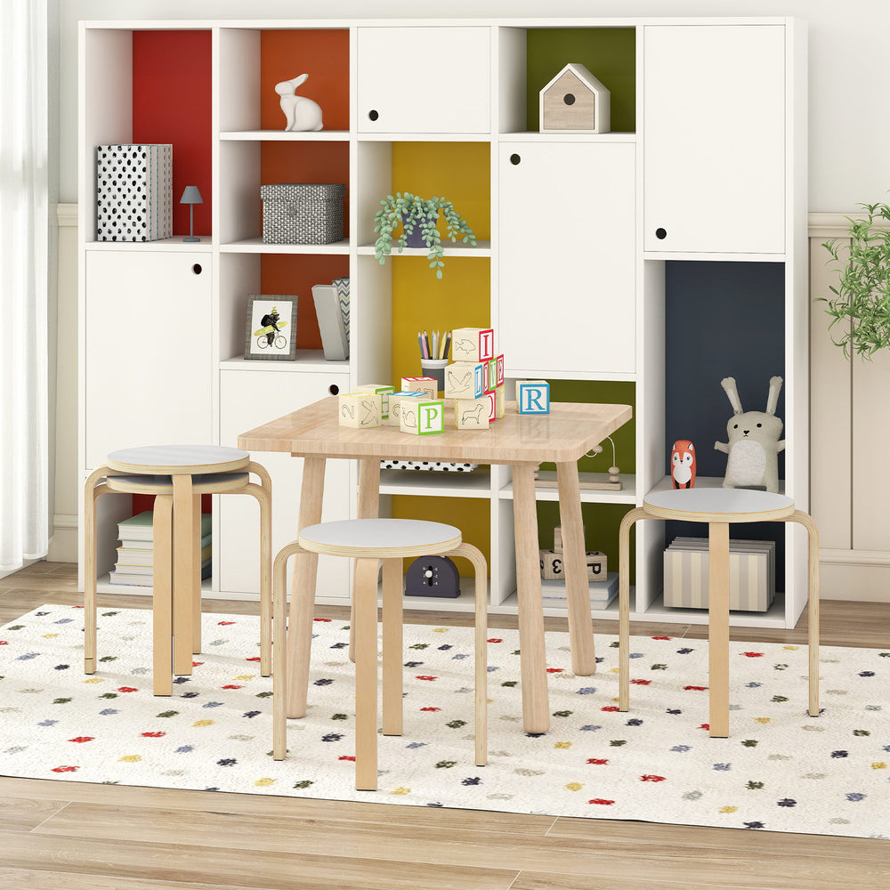 Set of 4 stackable bentwood dining chairs with round tops in white, perfect for classrooms or home use.