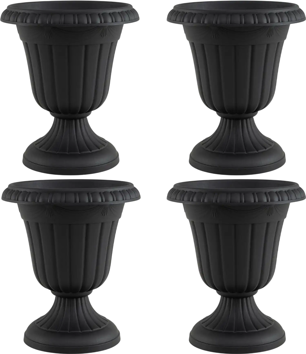 Set of 4 black vintage planters with pedestal base, 18 inches tall, ideal for indoor and outdoor plant display.