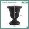 Product dimensions for the 18-inch tall black vintage planter with pedestal base, showcasing its elegant urn shape.