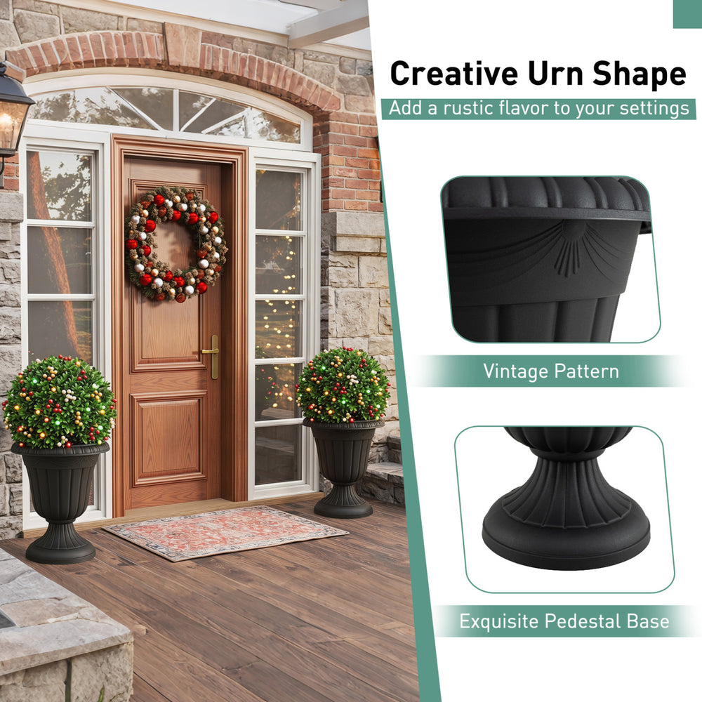 Black vintage planter with pedestal base, 18 inches tall, showcasing a rustic urn shape for indoor and outdoor use.