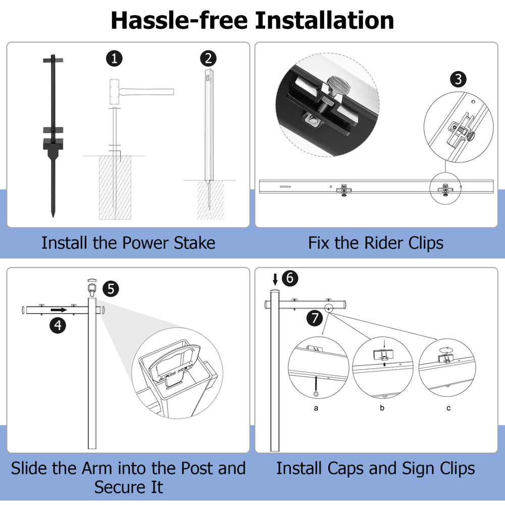 Installation guide for a 6-foot black vinyl UPVC real estate yard sign post with rider clips and steel stake.