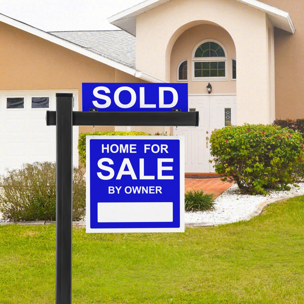 Black vinyl real estate yard sign post with "Sold" and "Home for Sale by Owner" signs, ideal for open houses.