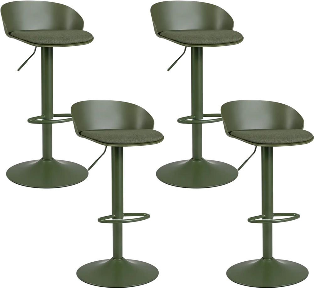 Set of 4 green adjustable swivel bar stools with backrest and footrest, perfect for dining and pub use.