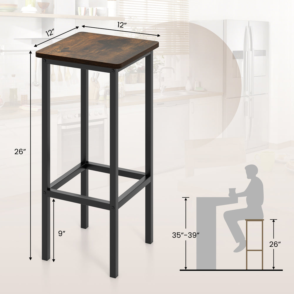 Rustic brown 26-inch bar stool with metal legs, ergonomic footrest, and anti-slip pads for stability in kitchen or pub.