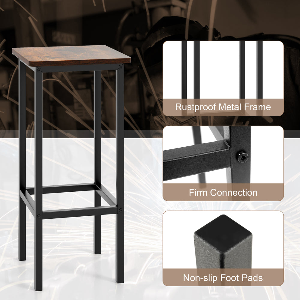 Rustproof metal frame bar stool with a rustic brown seat, featuring non-slip foot pads and ergonomic footrest for.