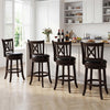 Set of 4 swivel bar stools with hollowed backrest and footrest, featuring breathable leathaire upholstery for comfort.
