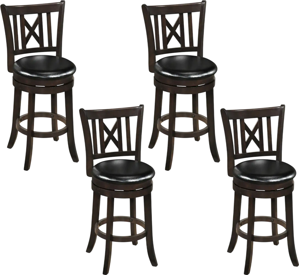 Set of 4 swivel bar stools with a hollowed backrest, thick padding, and rubber wood frame for kitchen or dining use.