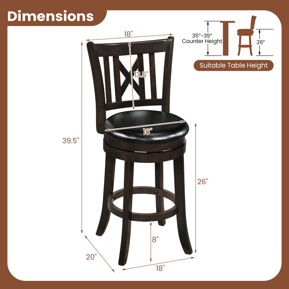 Bar stool with hollowed backrest, 26-inch height, rubber wood frame, and thick padding for comfort and stability.
