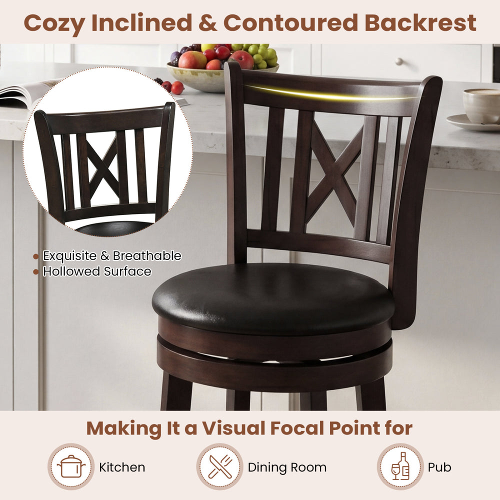 Swivel bar chair with hollowed backrest and footrest, featuring breathable upholstery for kitchen and dining room use.