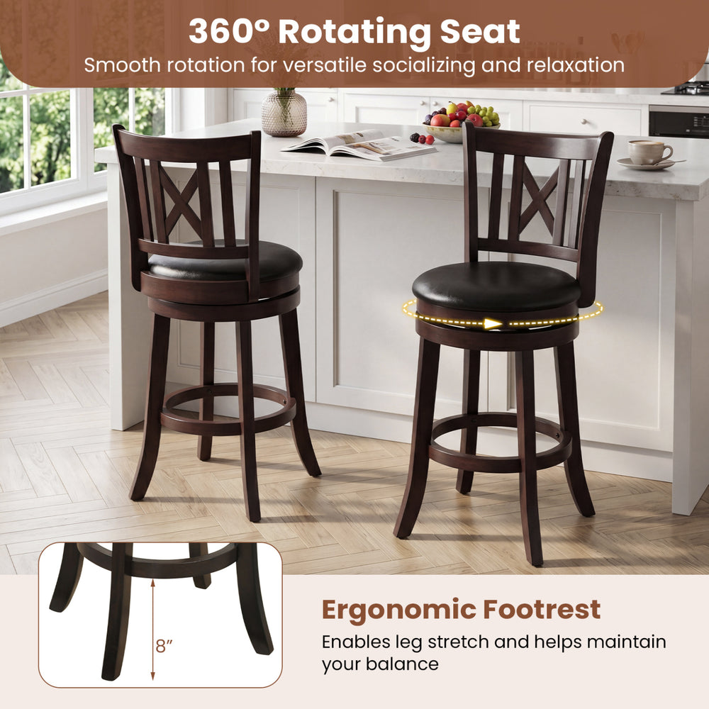 Set of 4 swivel bar stools with ergonomic footrest, thick padding, and breathable upholstery for comfortable seating.