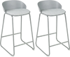 Counter height bar stools with curved backrest, gray fabric seat, and sturdy metal frame for kitchen dining comfort.