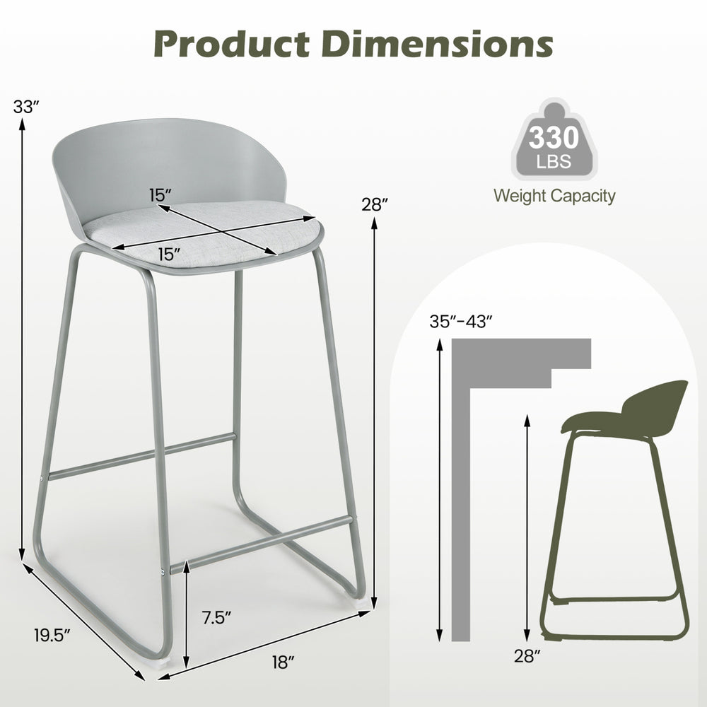 Counter height bar stool set with gray polyester seat, metal frame, and 330 lbs capacity, ideal for kitchen dining.