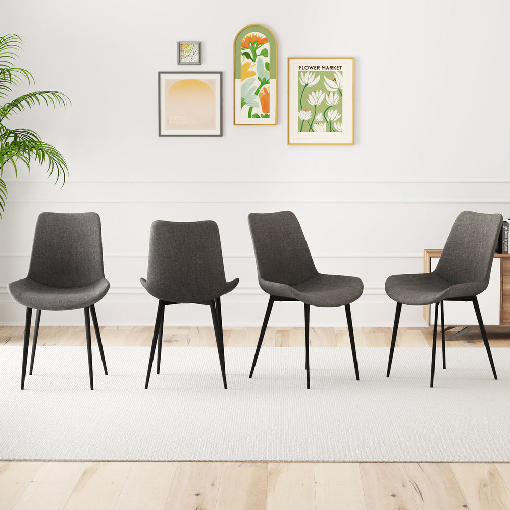 Set of 4 gray dining chairs with padded backs and metal legs, designed for comfort and stability in dining areas.