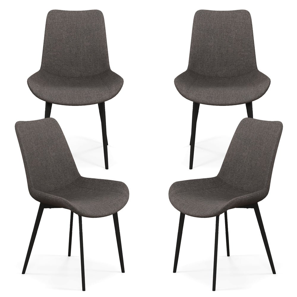 Set of 4 gray dining chairs with upholstered seats, metal legs, and ergonomic backrests for comfortable dining.