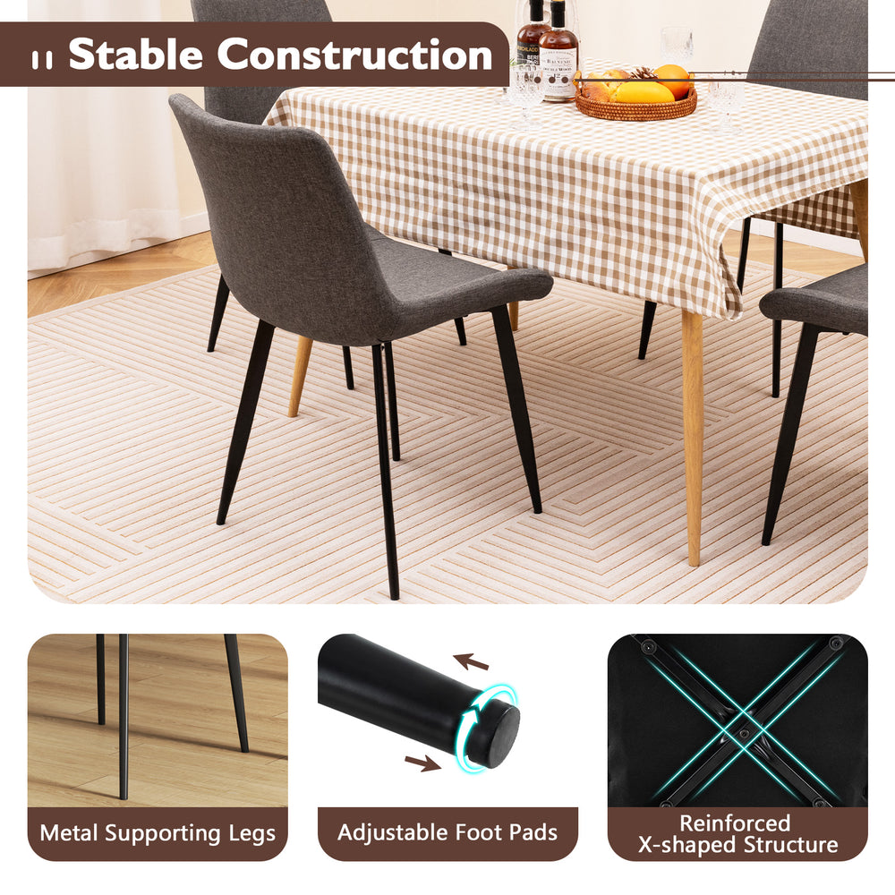 Gray upholstered dining chair set with metal legs, ergonomic backrest, and adjustable foot pads for stable support.