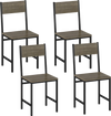 Set of 4 gray dining chairs with metal legs, slanted backrest, and simulated wood grain for a rustic touch.