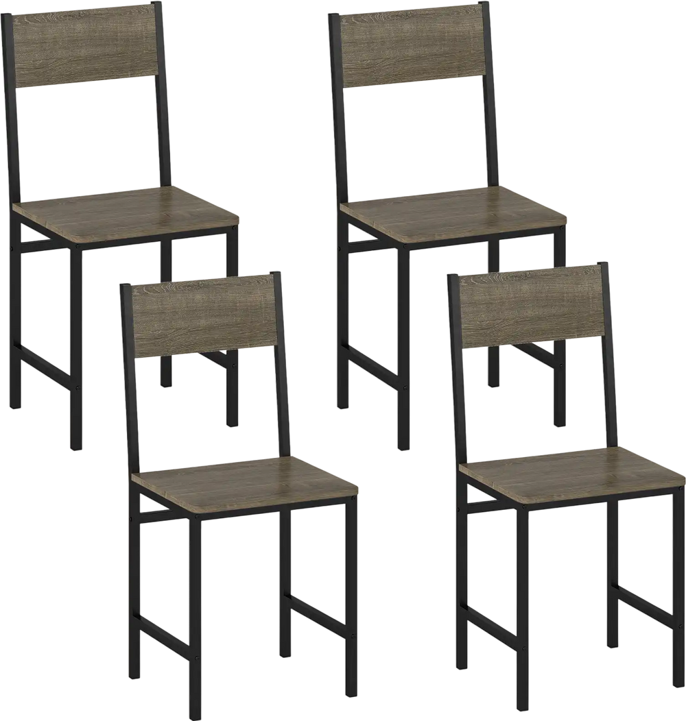 Set of 4 gray dining chairs with metal legs, slanted backrest, and simulated wood grain for a rustic touch.