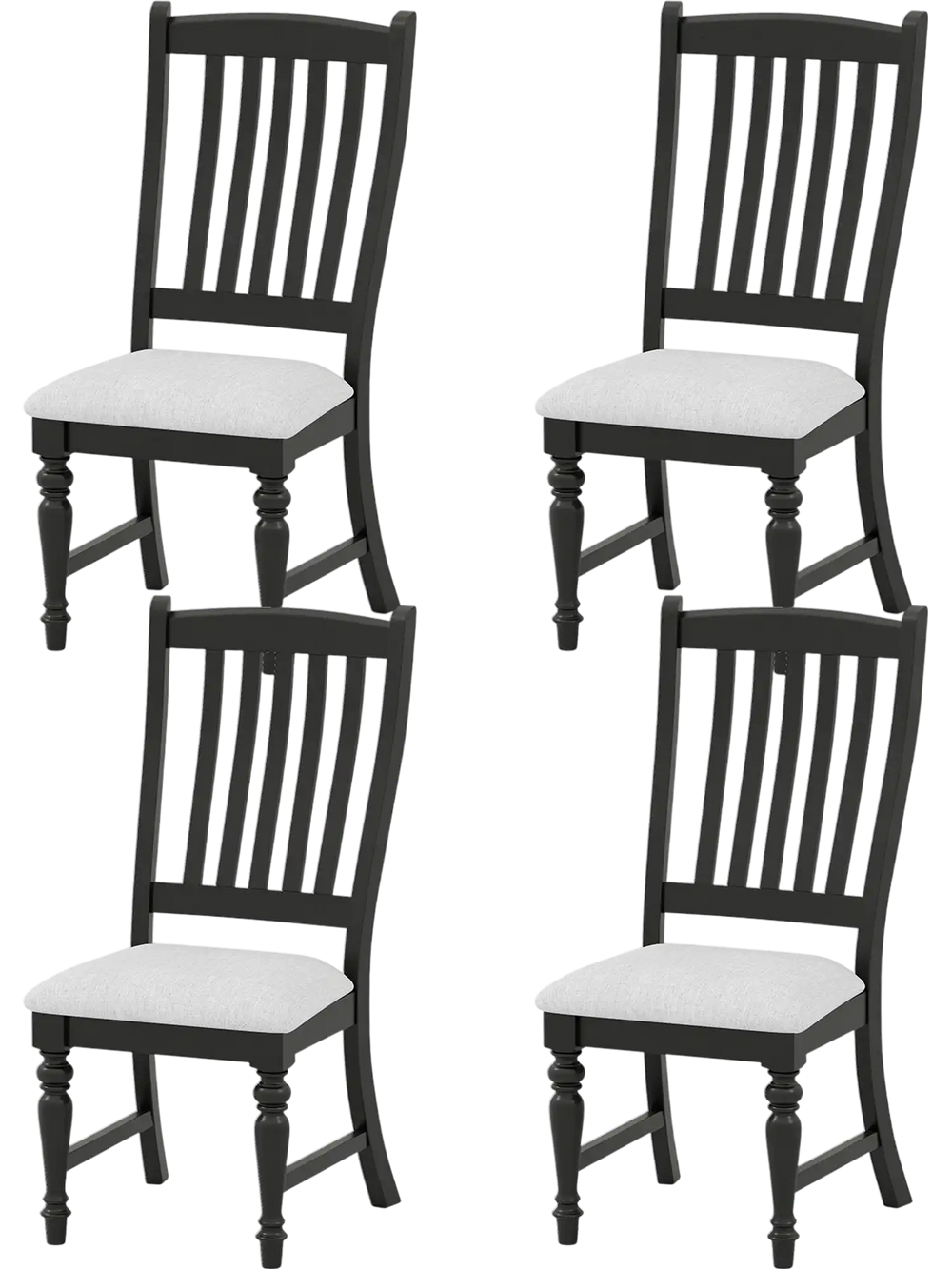 Set of 4 black dining chairs with solid rubber wood legs and cushioned seats, ideal for kitchen or dining room use.