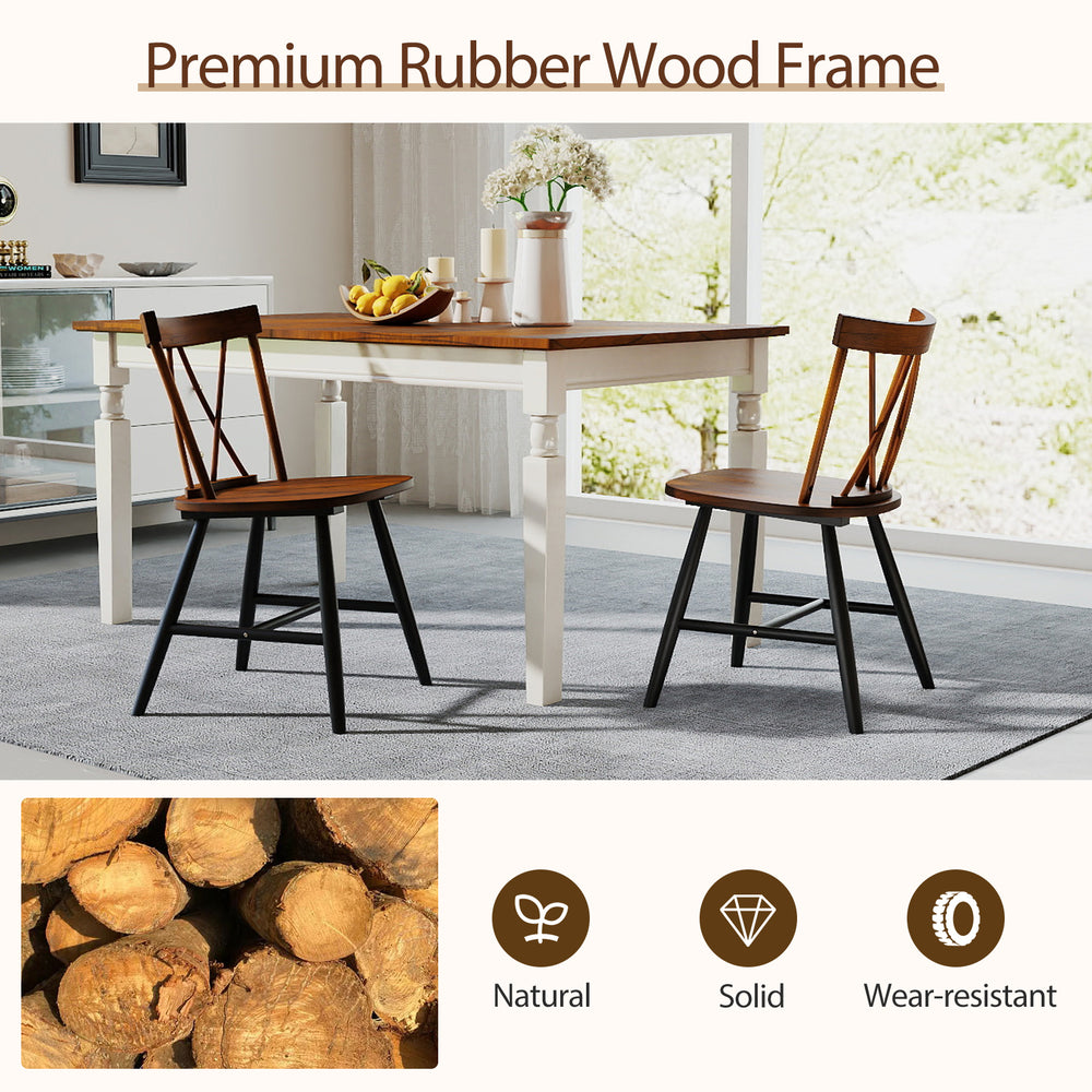 Angled view of a dark brown dining chair with rubber wood frame, featuring a breathable cross back for enhanced comfort.