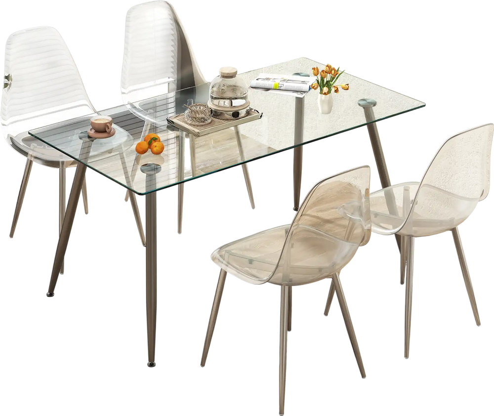 Modern dining table set featuring four clear plastic shell chairs with solid beech wood legs, ideal for stylish dining.