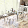 Modern dining table set featuring four clear plastic shell chairs with solid wood legs, ideal for contemporary kitchens.