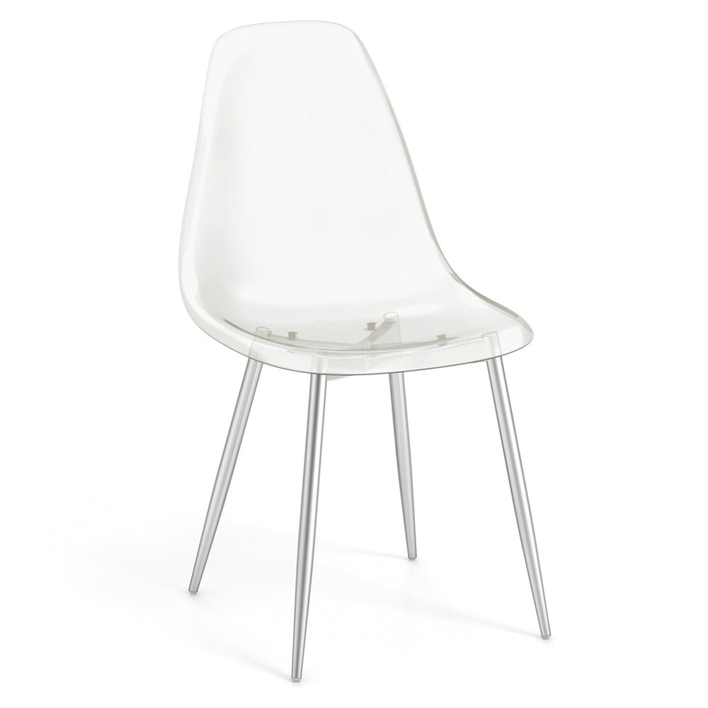 Modern plastic shell dining chair with clear seat and silver beech wood legs, ideal for dining and living spaces.