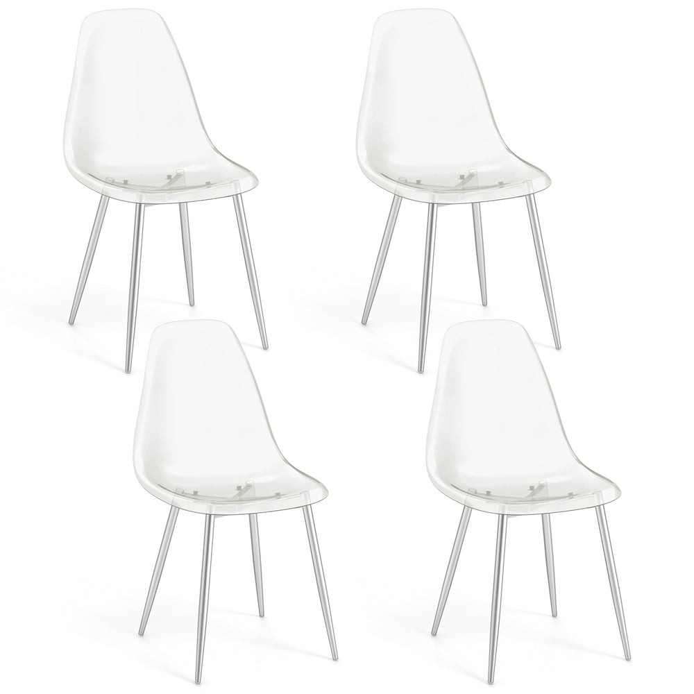 Set of 4 modern dining chairs with clear plastic seats and solid beech wood legs, perfect for dining rooms or kitchens.