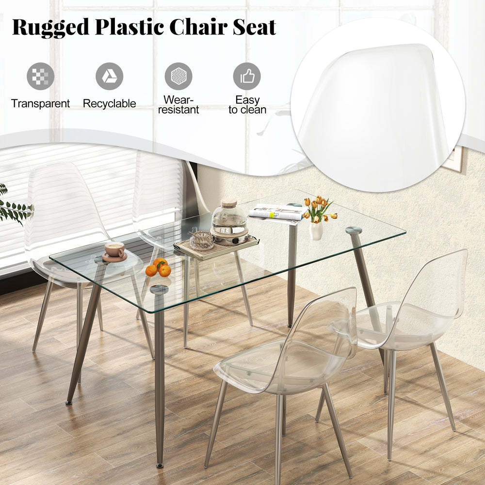 Set of 4 modern dining chairs with clear plastic seats and solid wood legs, ideal for dining rooms and kitchens.