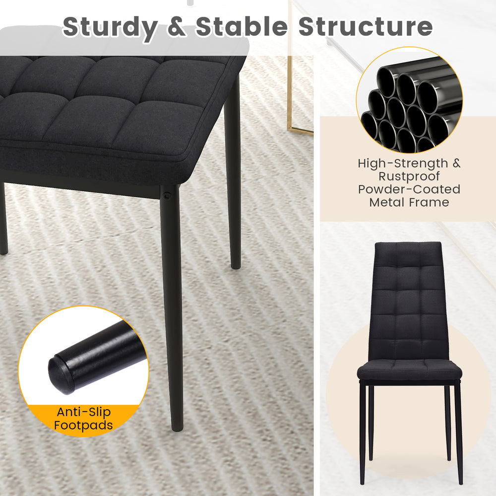 Black fabric dining chair with high backrest, upholstered cushion, and sturdy powder-coated metal frame for versatile.