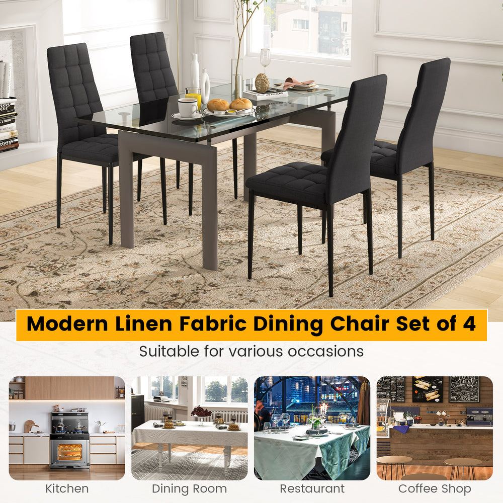 Set of 4 modern fabric dining chairs with high backrest and upholstered cushions, ideal for kitchen or dining room use.